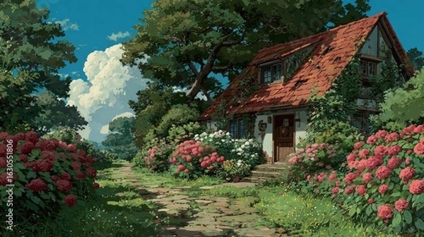 Fototapeta Anime background Quaint English cottage garden hydrangeas blooming exuberantly bees buzzing contentedly