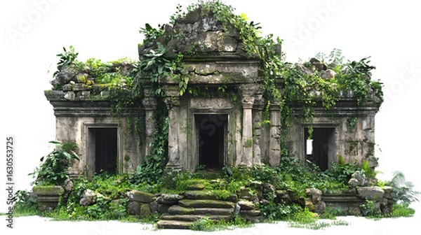 Fototapeta Explore the enchanting ancient ruin overgrown with lush greenery and climbing vines for travel and historical design isolated on white background 