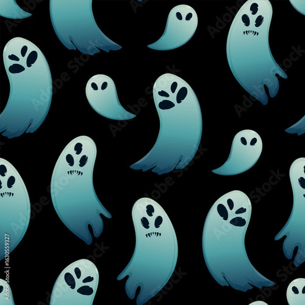 Fototapeta Seamless pattern with funny ghosts. Scary toothy faces. Vector illustration on a black background. Colors with gradient transitions. 
Halloween design. Phantoms fly up.