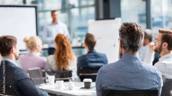 Fototapeta Attendees listen attentively to a speaker leading a corporate training session in a bright, modern office space filled with large windows and engaging visuals.