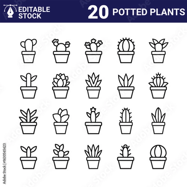 Fototapeta Set of house potted plants line icon editable vector in various styles. outlined icon collection. Home garden, linear symbols collection. Indoor plants icons.