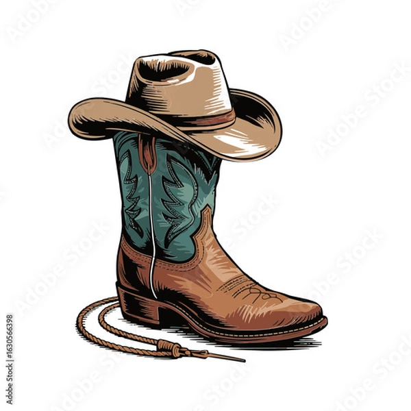 Fototapeta Vector Illustration Frame from rope lasso with cowboy boots and hat in color. Design element for sign, poster, card, banner