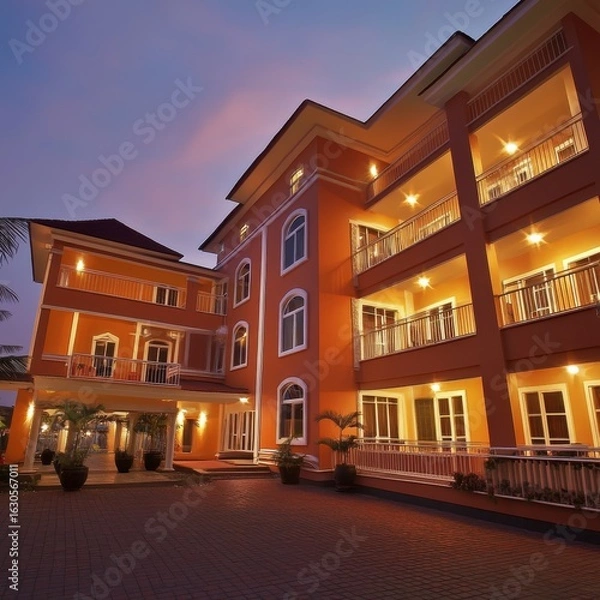 Obraz Warmly lit modern hotel building exterior at dusk with balconies and windows