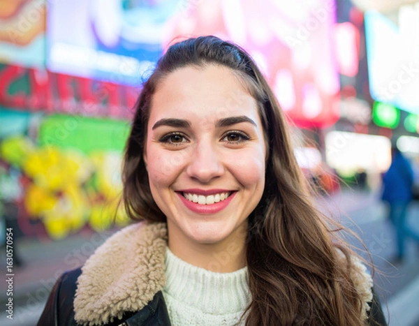 Obraz A teenager stands in a bustling city street, smiling with bright eyes. Colorful billboards and graffiti add energy to the background, showcasing a lively atmosphere.