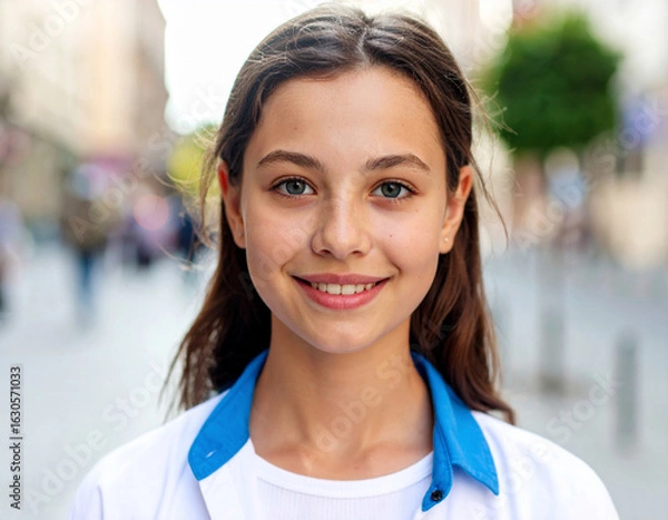 Obraz A teenager stands confidently in a bustling city street, smiling brightly at the camera. The background features blurred pedestrians and urban elements, suggesting a lively atmosphere.