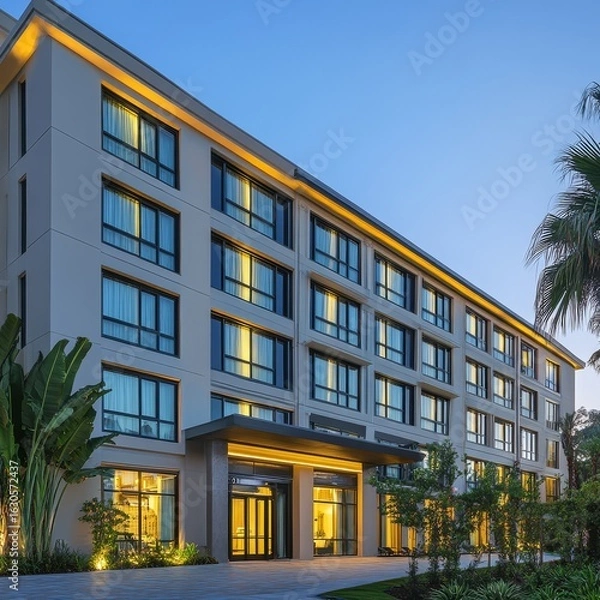 Obraz Modern hotel building exterior at dusk with illuminated windows and entrance surrounded by lush greenery