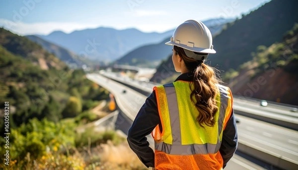 Fototapeta Highway worker views landscape