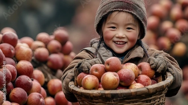 Fototapeta A cheerful child holds a basket of apples, surrounded by a bountiful harvest, symbolizing joy and abundance