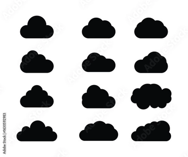 Obraz Twelve Simple Black Cloud Icons: Vector Graphic Set for Development.