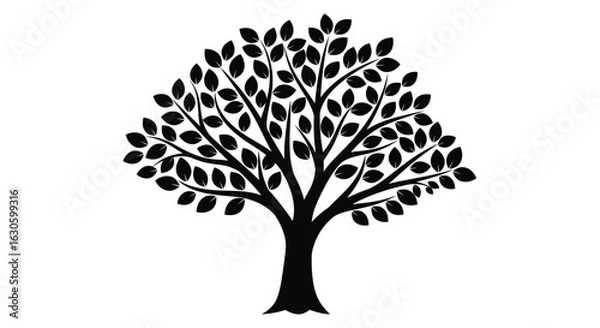 Fototapeta Vector art of black silhouette of a tree with leaves isolated on white background