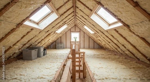 Obraz Efficient Attic Insulation for Cozy Homes - Insulated attic, energy savings, home comfort, enhanced living space, improved home value. Symbolises warmth, efficiency, and a cozy atmosphere