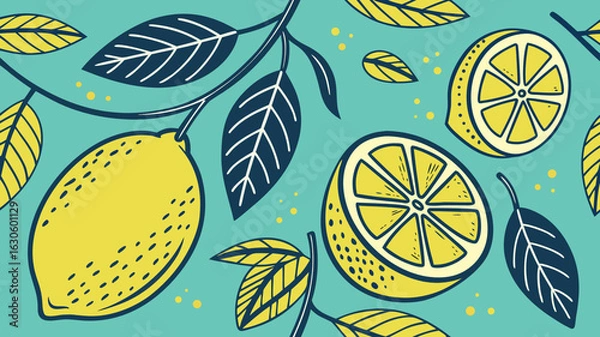 Obraz Bright Lemon Fruit Pattern on Blue Background