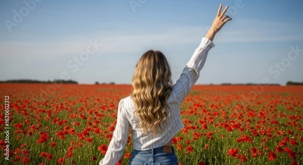 Fototapeta A woman stands in a vibrant red poppy field under a clear blue sky on a sunny summer day enjoying nature