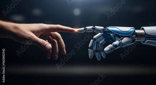 Fototapeta Human and robot hands reaching out, symbolizing the dawn of artificial intelligence and future technology.
