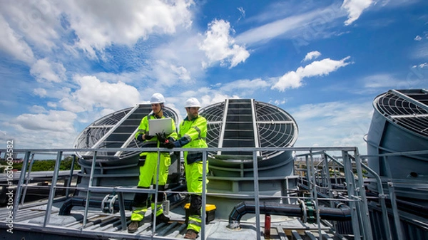 Obraz Technicians evaluate cooling system performance on rooftop during sunny day