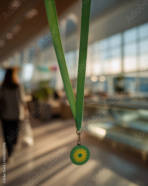 Obraz Sunflower lanyard symbolizing invisible disabilities hanging in a sunlit airport terminal