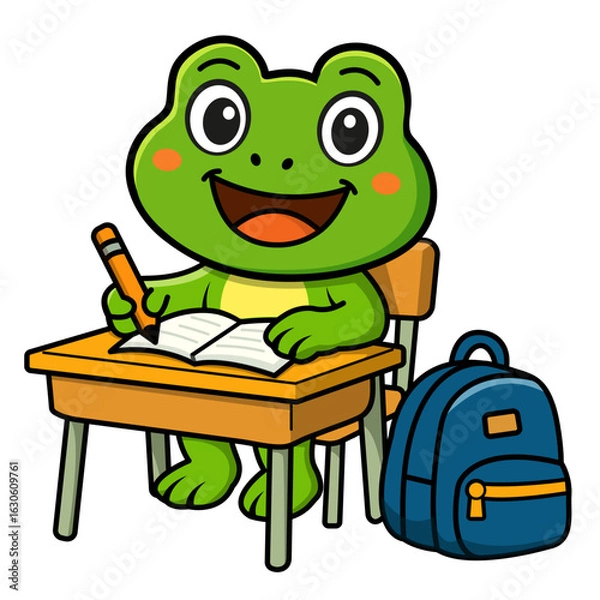 Fototapeta Cute cartoon frog student writing in notebook at school desk with backpack – vector illustration