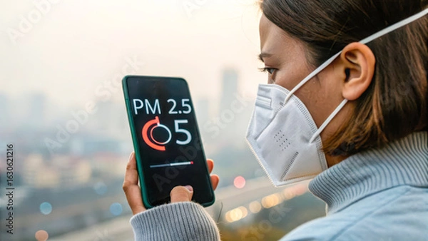 Fototapeta Woman checking air pollution level on her phone with a face mask on