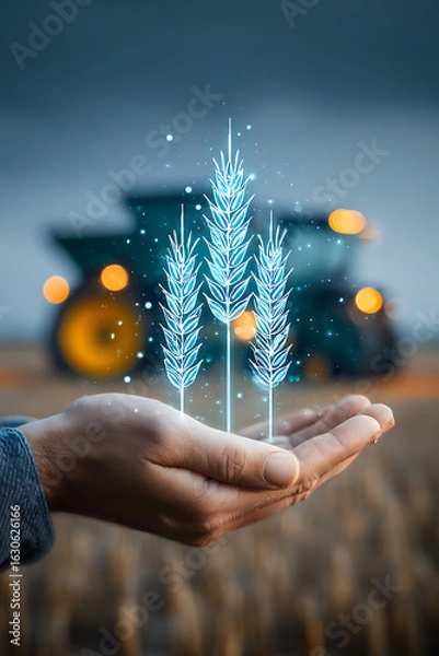 Fototapeta Farmer holds glowing digital wheat stalks in hand with modern combine harvester in background symbolizing agricultural technology