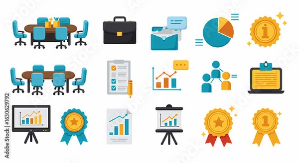 Obraz Business Management Icons: A Collection for Meetings, Analytics, Awards, and Success