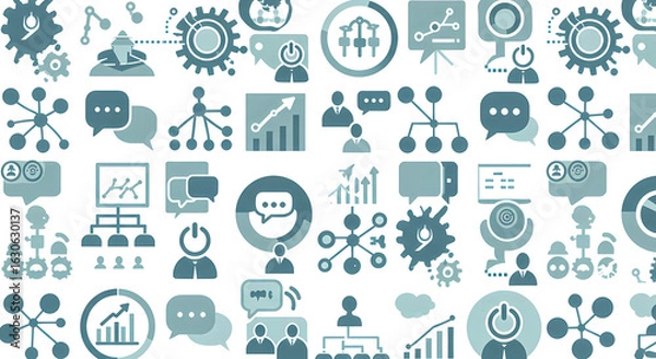 Obraz Corporate Communication Network: A Seamless Pattern of Icons for Teamwork, Data, and Business Technology