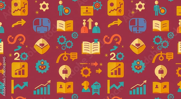 Obraz Seamless Business Pattern: Icons for Strategy, Analytics, Communication, and Innovation