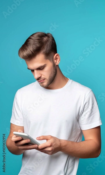 Fototapeta A man in a white t-shirt looking at his smartphone, in front of a solid blue background, vertical
