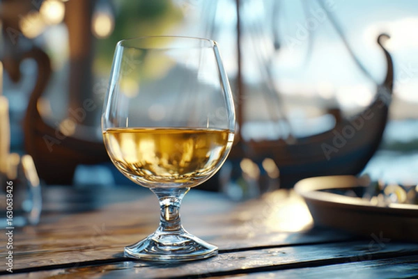 Fototapeta Photorealistic image of glass of golden liquor on wooden table, evoking warm and inviting atmosphere