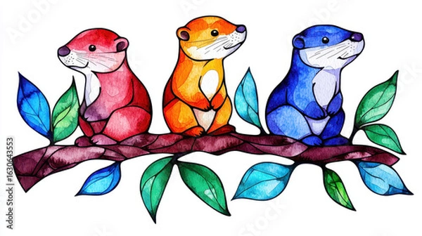 Fototapeta Playful otters in vibrant colors, stained glass style, sitting on branch surrounded by leaves, exuding joy and charm