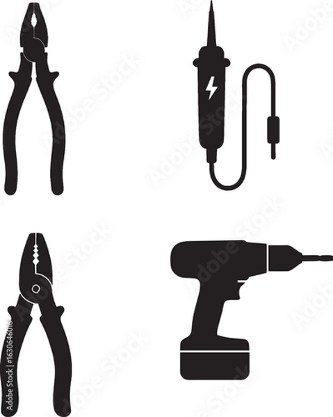 Fototapeta Essential Tools of a Professional Electrician,Black and white silhouette of insrument tools
