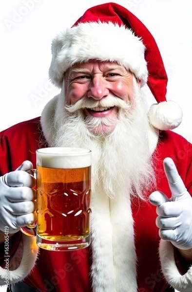 Fototapeta Close-up of happy Santa Claus with beard and moustache in traditional suit. He holds a mug of light beer and makes a "Cool" sign with his hand. Christmas vertical concept of hop drink