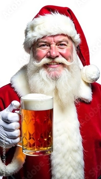 Fototapeta Close-up of happy Santa Claus with beard and moustache in traditional suit. He holds a mug of light beer and makes a "Cool" sign with his hand. Christmas vertical concept of hop drink