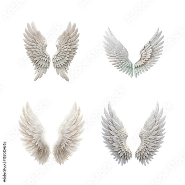 Fototapeta Collection of four pairs of angel wings with varying styles and colors, isolated on a transparent background
