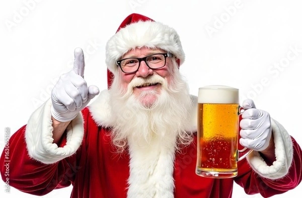 Fototapeta Close-up of happy Santa Claus with beard and moustache in traditional suit. He holds a mug of light beer and makes a "Cool" sign with his hand. Christmas vertical concept of hop drink