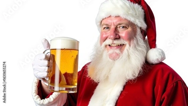 Fototapeta Close-up of happy Santa Claus with beard and moustache in traditional suit. He holds a mug of light beer and makes a "Cool" sign with his hand. Christmas vertical concept of hop drink