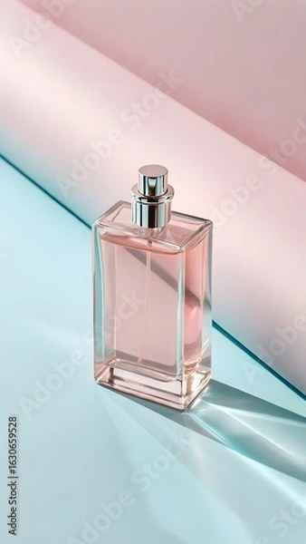 Obraz Elegant Pink Perfume Bottle On Pastel Blue And Pink Background With Soft Shadows In Modern Fragrance Product Photography Concept

