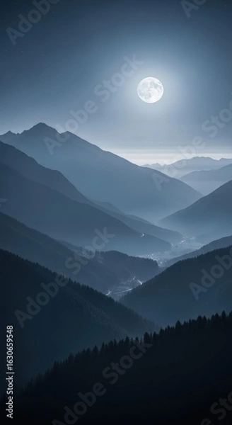 Fototapeta full moon over serene mountain valley with layered peaks at night