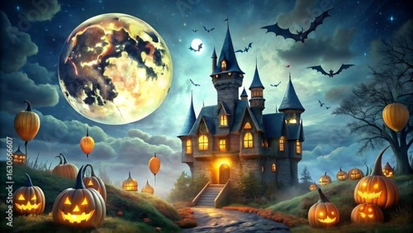 Fototapeta Enchanting halloween night with a haunted castle under a full moon, surrounded by glowing pumpkins and bats