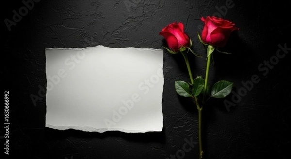 Obraz two red roses and blank torn paper on a dark textured background