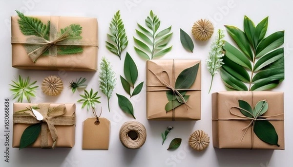 Fototapeta creative gift wrapping ideas featuring eco friendly materials displayed among floral and green leaf designs in a visually appealing arrangement