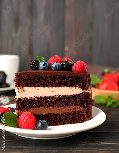 Obraz Chocolate cake slice with berries (1)