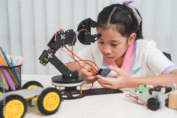Fototapeta Creative young student focused on her DIY electronic robot, representing the future of innovation and technology.