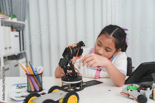Fototapeta A young engineer uses a tool to build a robot. STEM and mechanics concept.