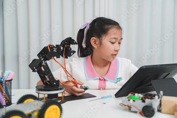 Fototapeta A young girl using a tablet to program a robotic arm.