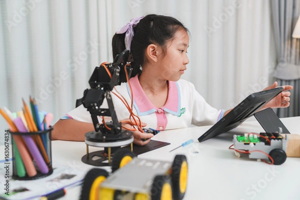 Fototapeta Young girl building a DIY robot with digital instructions on a tablet.