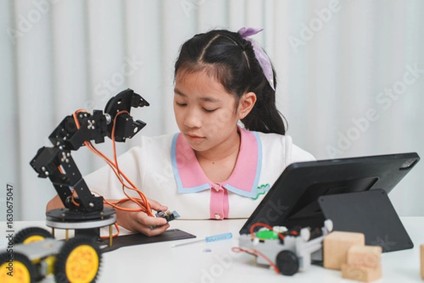 Fototapeta Asian girl using a touch screen tablet to program her robot.