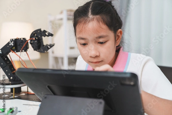 Fototapeta Focused child learning to code on a tablet. Digital literacy and robotics.