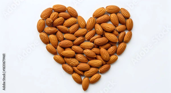 Fototapeta A heart shape formed by a pile of nutritious almonds on a clean white background symbolizing healthy eating and love
