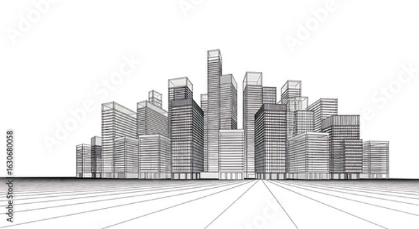 Fototapeta Abstract architectural sketch of a modern city skyline with a perspective view of streets and buildings in black and white