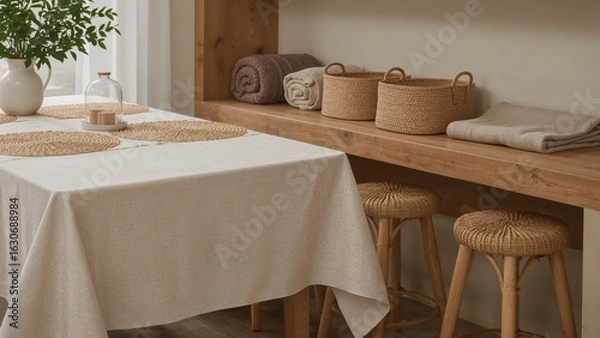 Fototapeta A beautifully styled dining room with a natural linen tablecloth wicker baskets and stools evoking a warm and inviting scandinavian interior design